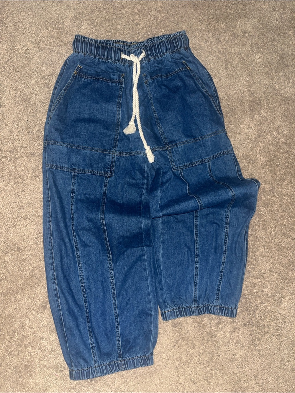 Source Unknown Blue Patchwork Jogger Jeans with Drawstring